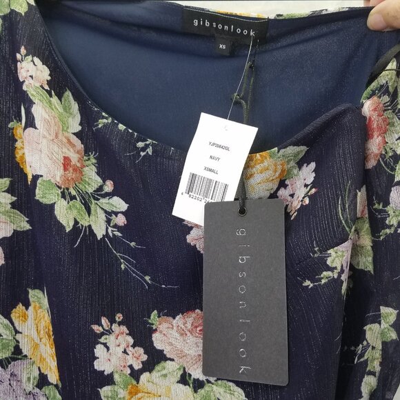 GIBSON LOOK Blouse Women XS One Shoulder Tie Waist Black Floral Side Zip Top NEW - Picture 9 of 16